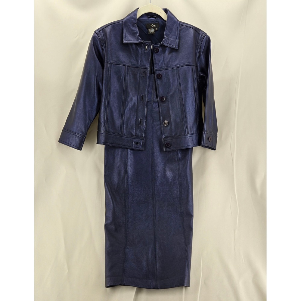 Vintage Jôn Teri Jon Rickie Freemen Leather Dress Jacket Set Blue 2pc 2